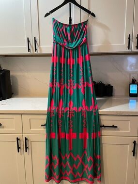 Cezanne Neon Green and Pink Strapless Patterned Maxi Dress (0022)